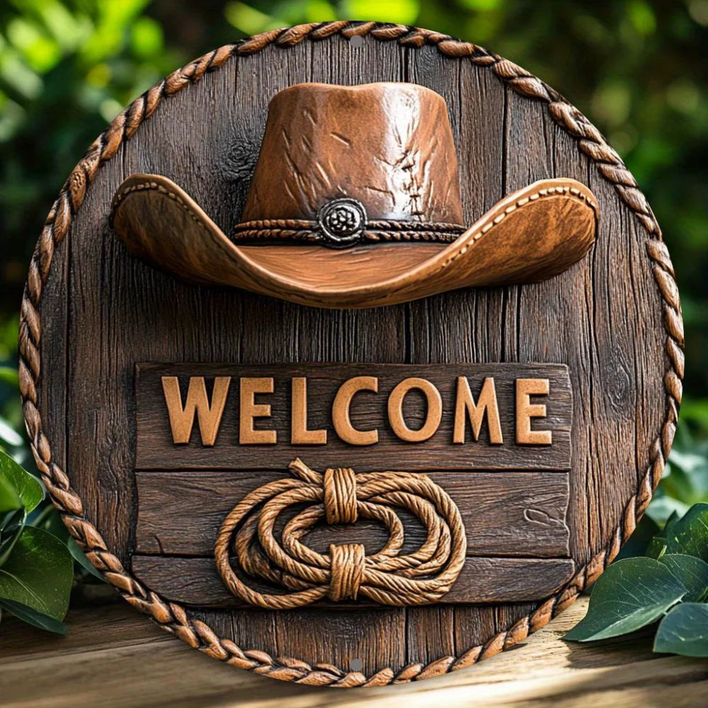 2D Flat Rustic Welcome Sign with Cowboy Hat Rope Design 8x8 Inch Wall