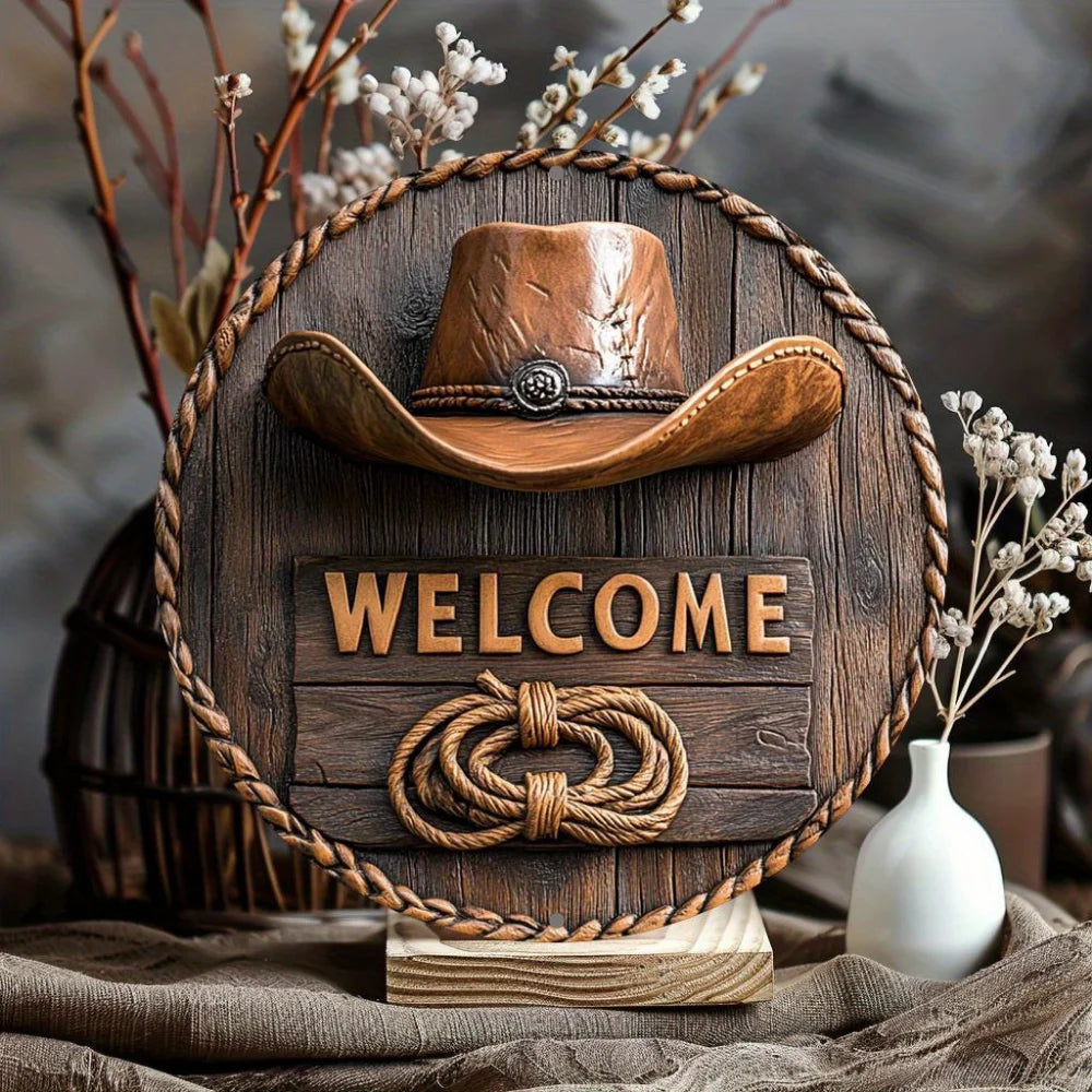 2D Flat Rustic Welcome Sign with Cowboy Hat Rope Design 8x8 Inch Wall