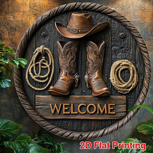 2D Flat Rustic Welcome Sign with Cowboy Hat Rope Design 8x8 Inch Wall