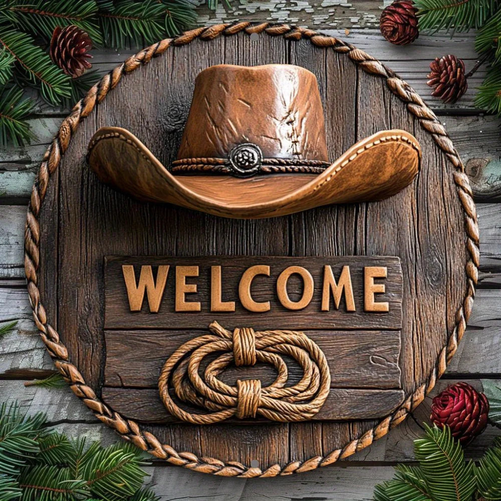 2D Flat Rustic Welcome Sign with Cowboy Hat Rope Design 8x8 Inch Wall