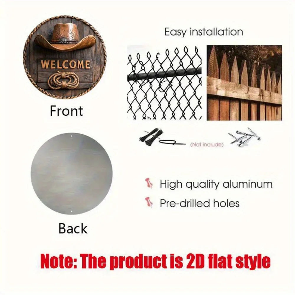 2D Flat Rustic Welcome Sign with Cowboy Hat Rope Design 8x8 Inch Wall