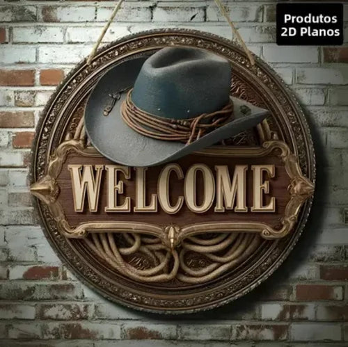 2D Flat Rustic Welcome Sign with Cowboy Hat Rope Design 8x8 Inch Wall