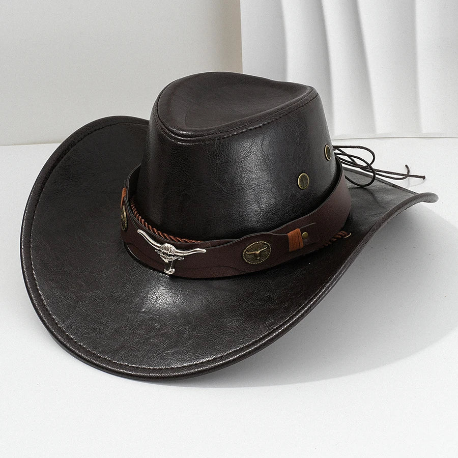 Unisex Vintage Faux Leather Western Cowboy Hat Outdoor Gentleman