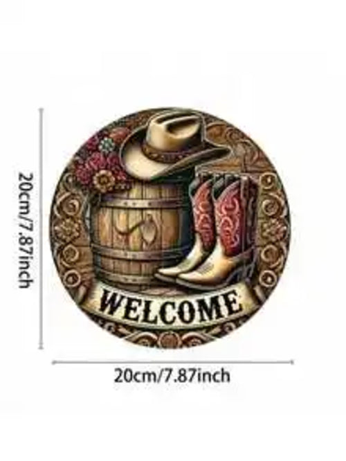 2D Flat Rustic Welcome Sign with Cowboy Hat Rope Design 8x8 Inch Wall