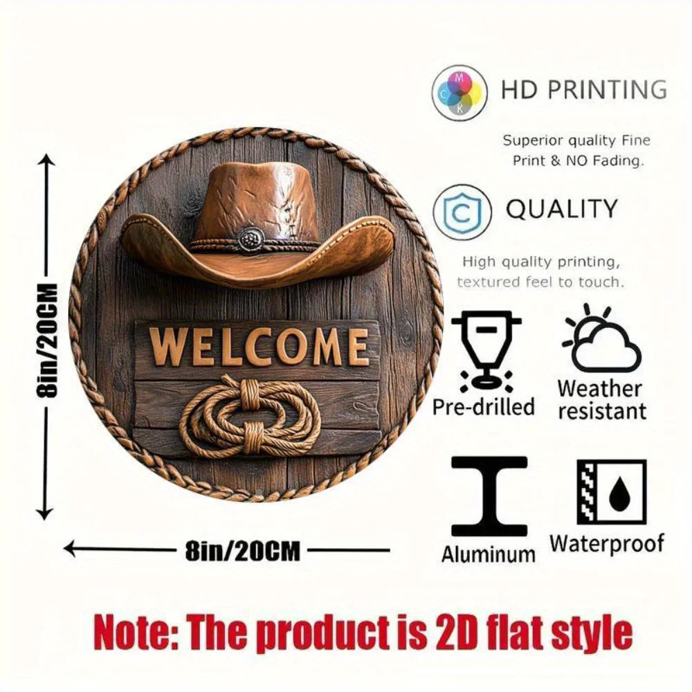 2D Flat Rustic Welcome Sign with Cowboy Hat Rope Design 8x8 Inch Wall