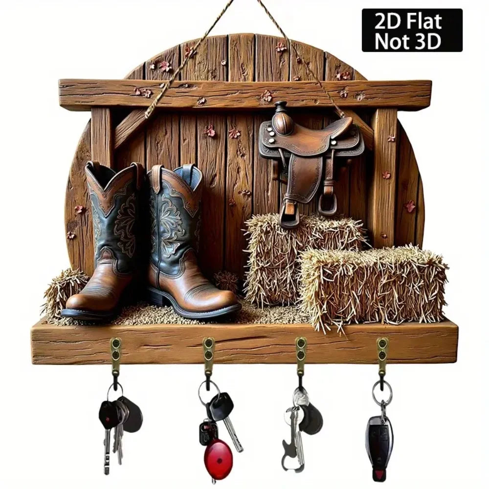 2D Western Style Cowboy Boots and Haystack, Wooden Keyframe with Four