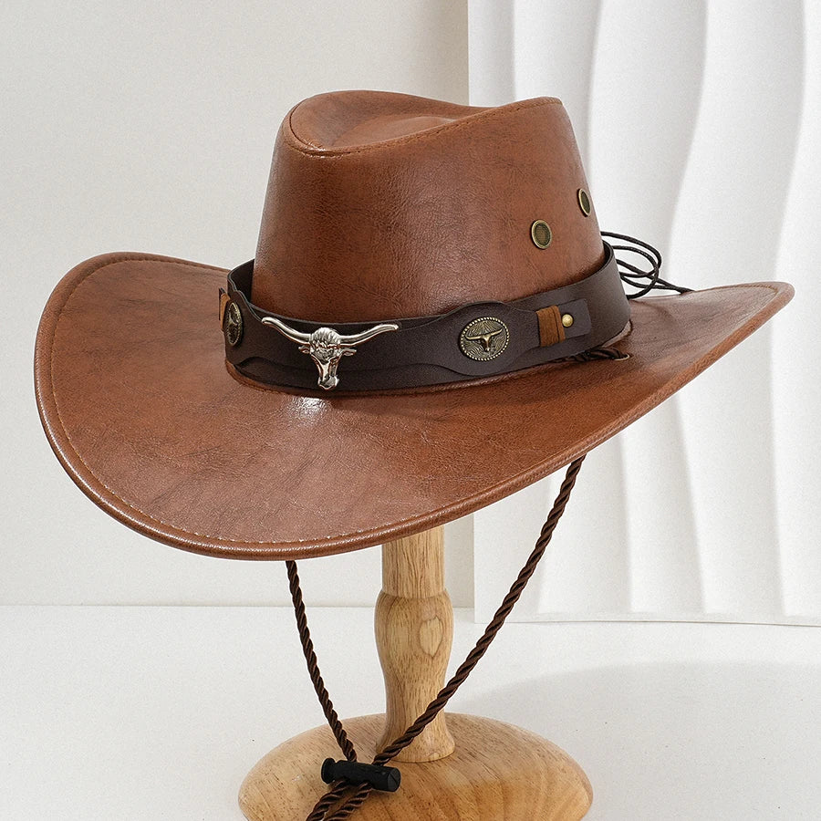 Unisex Vintage Faux Leather Western Cowboy Hat Outdoor Gentleman