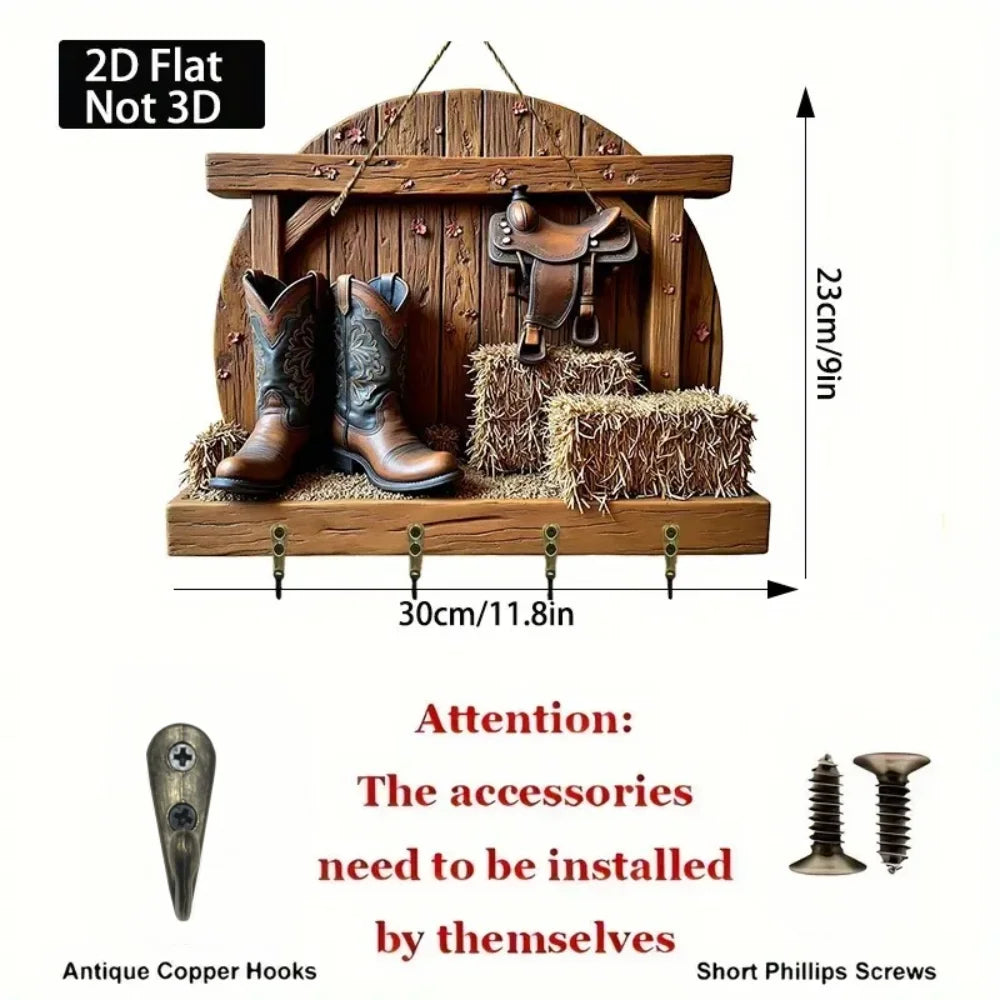 2D Western Style Cowboy Boots and Haystack, Wooden Keyframe with Four